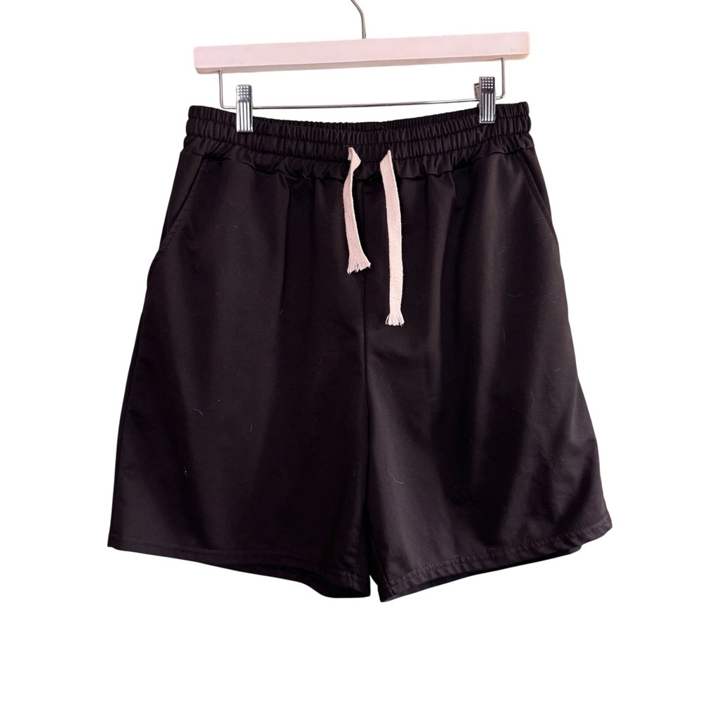 Black Athletic Shorts Medium Elastic Drawstring Waist Pockets Solid Activewear